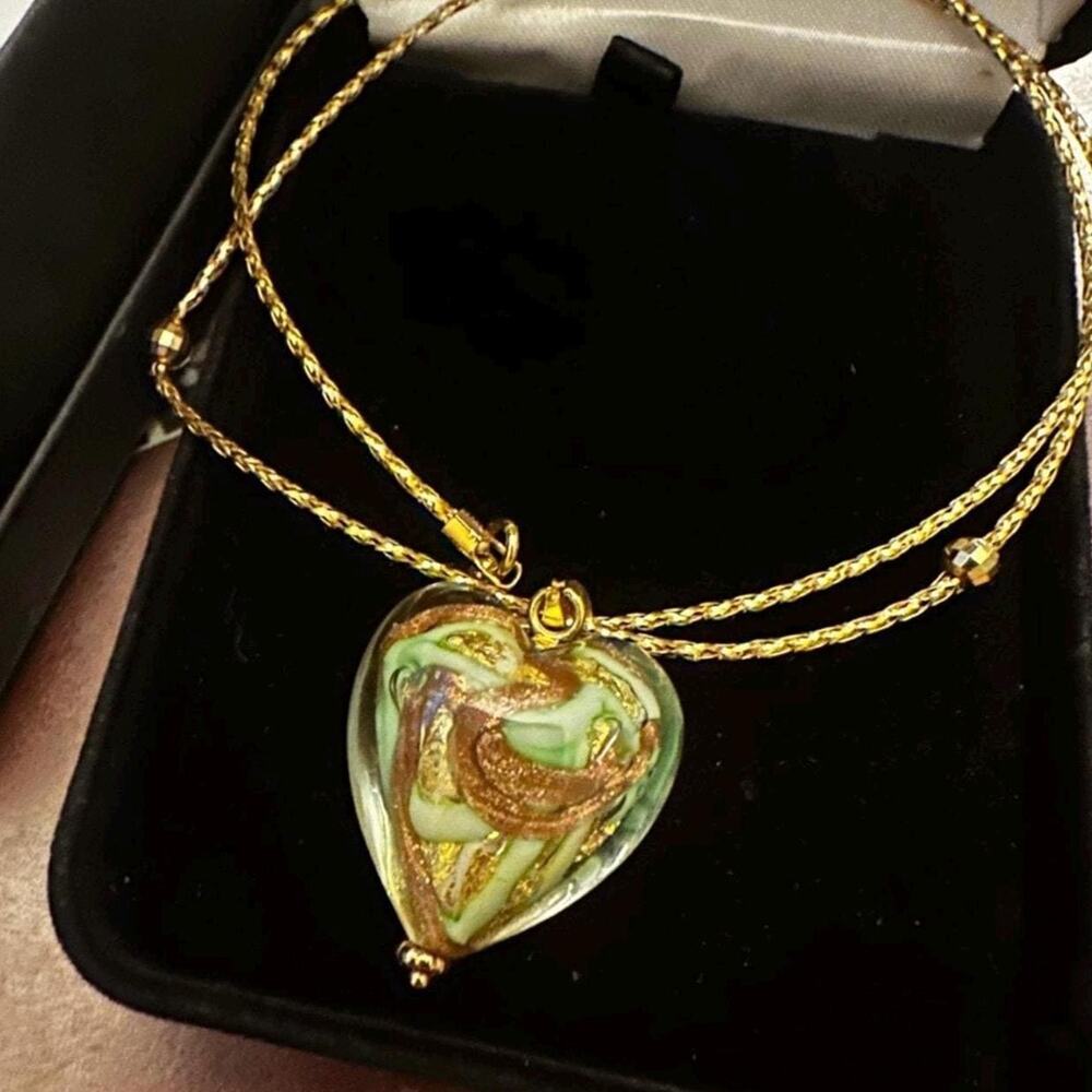 MAGNIFICENT Kay Jewelers 14k Yellow Gold MURANO Venetian Glass Heart Necklace 17